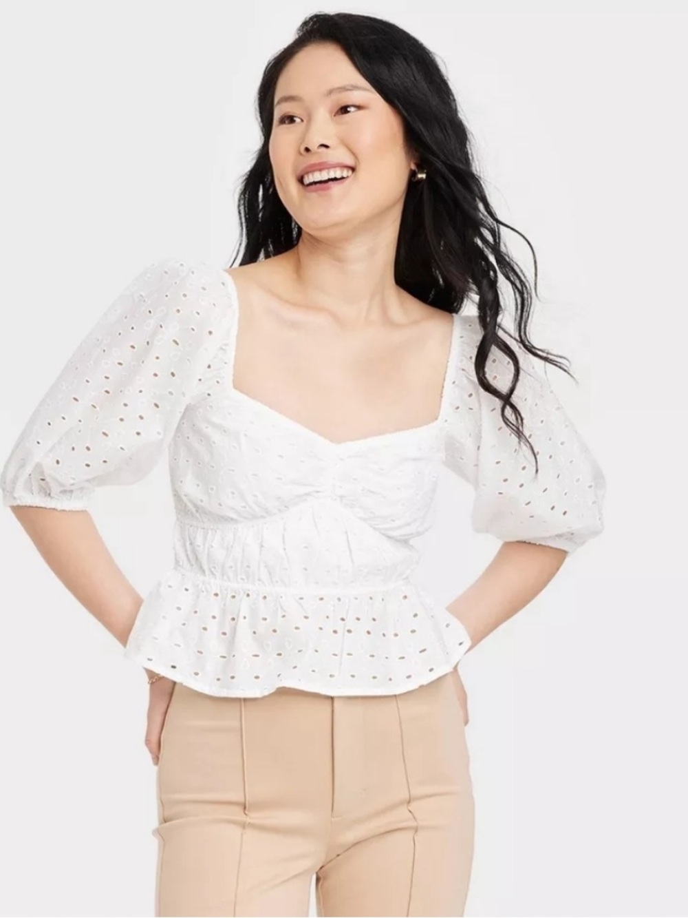 A New Day White Eyelet Ruched Peplum Puff Sleeve Crop Top 100% Cotton Medium